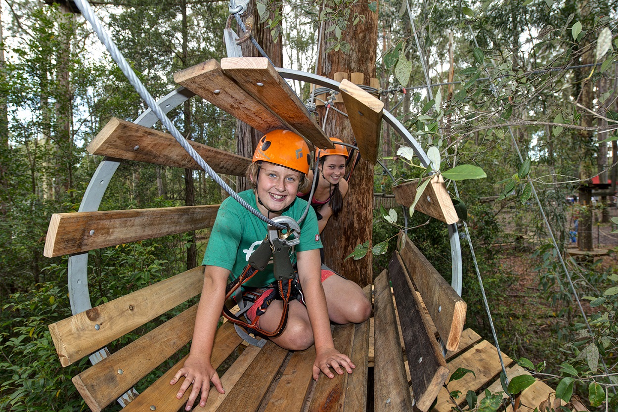 kids clumbing through the tree tops ropes course wooden tunnel
