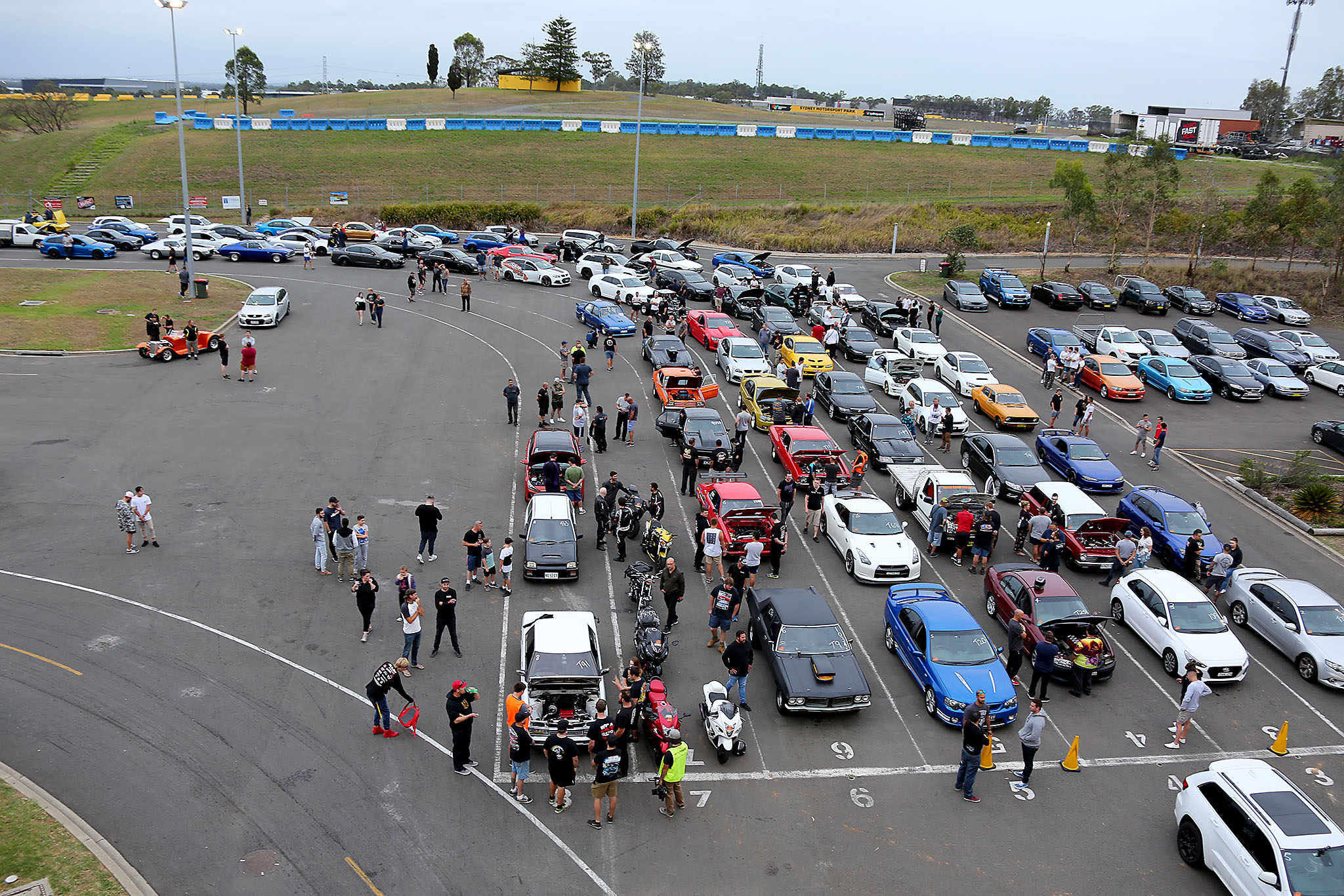 Sydney Dragway track aerial view of people and cars